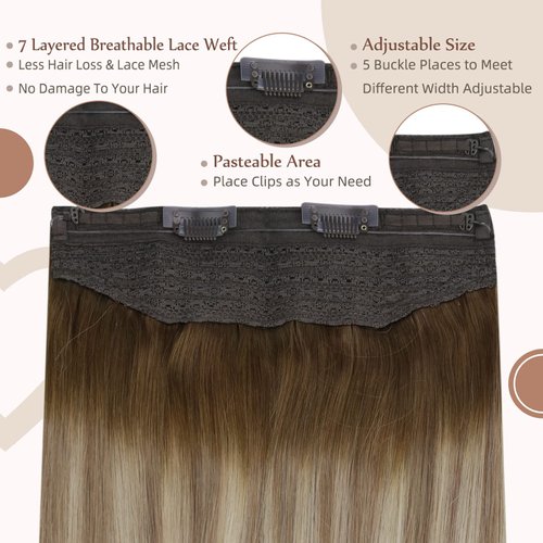 Fshine Hair Extensions Real Human Hair Balayage Walnut Brown to Ash Brown and Butter Blonde 18 Inch Invisible Wire Hair Extensions Straight Human Hair Layered Hairpiece 80g Hair Extensions Clip Ins