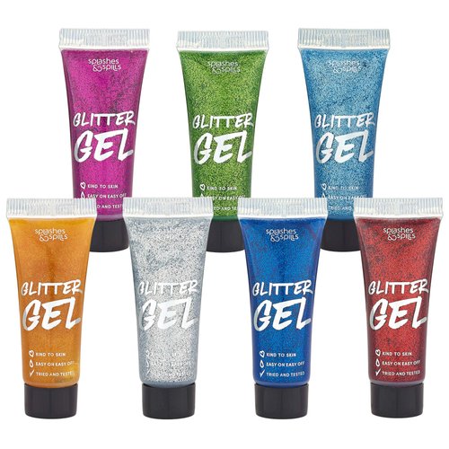 Body Glitter Paint Gel - 7 Color Costume Set for Women, Girls - 10 ml Tubes Holographic Shimmer Effect for Hair, Body, Face - Great for Festival, Costume Party, Halloween - by Splashes and Spills