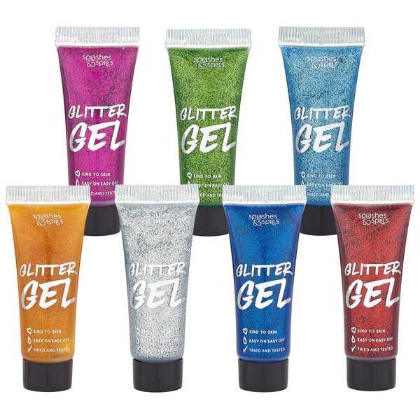 Body Glitter Paint Gel - 7 Color Costume Set for Women, Girls - 10 ml Tubes Holographic Shimmer Effect for Hair, Body, Face - Great for Festival, Costume Party, Halloween - by Splashes and Spills
