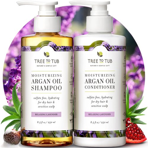 Tree To Tub Hydrating Sulfate Free Shampoo and Conditioner Set for Dry Hair, Dry Scalp, Frizz - Moisturizing Argan Oil Shampoo and Conditioner for Women & Men w/Organic Aloe Vera All Natural Lavender