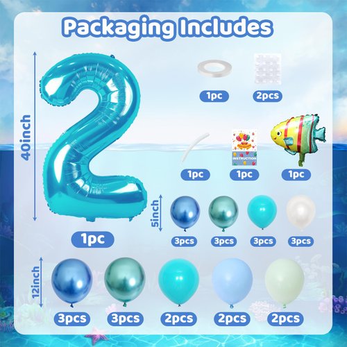 Blue Number 2 Balloon 40 Inch Ocean Under the Sea Number Two Foil Balloons Tower with Shark Bubble Fish for Boys Second 2nd Birthday Party Decor Green Underwater Digital Aluminum Mylar Balloons Stack