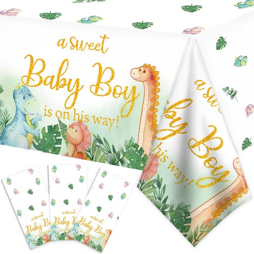 Dinosaur Baby Shower Decorations Tablecloth for Boy - Dino Baby Shower Party Supplies Disposable Waterproof Plastic Table Cover, Dinosaur Theme Baby Boy Table Cloth Decorations 3 Pack (43in x 70in)