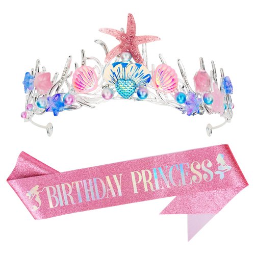 Mermaid Birthday Sash and Crown Pink Mermaid Birthday Crown for Women Princess Mermaid Birthday D...