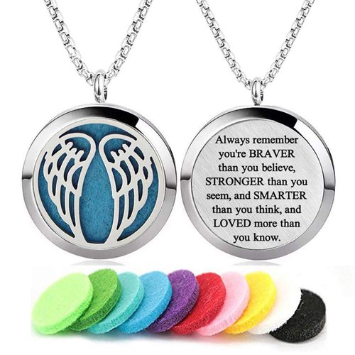 Aromatherapy Essential Oil Diffuser Necklace 316L Stainless Steel Locket Pendant with 24 Inch Chain (Angel Wings)