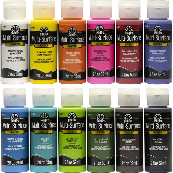 FolkArt PROMO830 Multi Satin Finish Acrylic Craft Paint Set Designed for Beginners and Artists, Non-Toxic Formula That Works on All Surfaces, 2 oz, 2 Fl Oz (Pack of 12), 12 Colors May Vary, 24