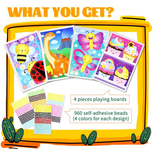 VKPI Bead Art Painting Kit for Kids, Diamond Bead Crafts Mosaic Kits, Preschool Learning Education Supply, Fun Toy for Kids Ages 4-8, Christmas Birthday Gifts, Easter Basket Stuffers, 4 Pieces