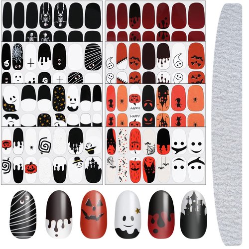 8 Sheets Halloween Nail Stickers Halloween Nail Wraps Self-Adhesive Decals Polish Sticker Strips for Halloween Party with Bat Ghost Witch Design and Nail File