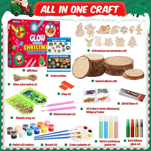 Christmas Crafts for Kids, Christmas Wooden Painting Kit Glow in the Dark Christmas Ornaments, Wood Slice Arts & Crafts Activities Kits Christmas Gifts Bulk Party Favors for Kids 5 6 7 8 9 10 11 12