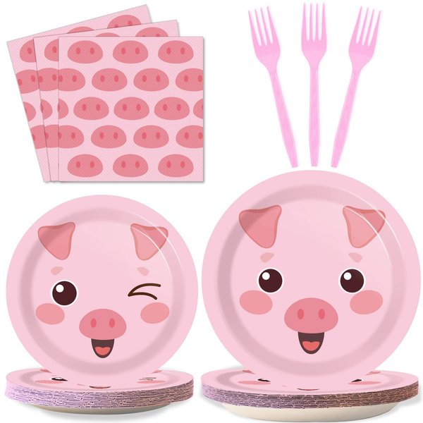 96 Pcs Pig Birthday Tableware Set Pink Pig Plates Napkins Farm Animal Party Decorations Piggy Dinnerware with Piglet Party Supplies for Cartoon Pig Girls Birthday Tableware Kit Party Favor 24 Guests