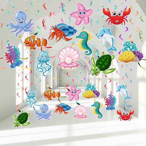 30 Pieces Sea Animals Hanging Swirl Decorations Under the Sea Birthday Party Ceiling Decor for Boys Girls Ocean Mermaid Creatures Baby Shower Tropic Fish Beach Party Favors Supplies