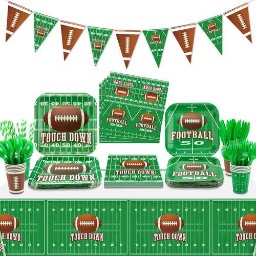 Football Theme Party Supplies - Includes Football Banner, Plates, Napkins, Cup, Tablecloth, Knives, Fork, Spoon and Straws for Boys Sports Theme Birthday Decorations, Serves 20 Guests