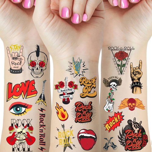 65 Pieces Rock N Roll Temporary Tattoos, Rock Star Birthday Party Decorations Supplies Favors Gifts, Born to Rock Tattoo Stickers for Kids Boys Girls Classroom School Prizes Rewards