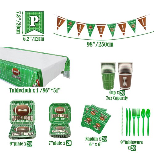 Football Party Supplies Football Touchdown Game Day Accessory Including Plates, Cups, Napkins, Tableware, Tablecloth, Banner, Serves 20