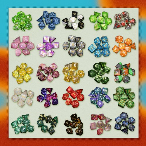 1985 Games Mystery Dice, Set of 7 Polyhedral Dice, Wide Range of Patterns, Gaming Dice, Suitable for Role Playing, Table Games (Pack of 6)