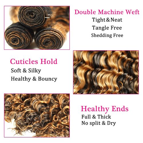 DiexrLamx Hair 20 22 24 Inch P1B/30 Bundles Human Hair Highlight Curly Human Hair Bundles Brazilian Unprocessed Virgin Hair Two Tone Brown Kinky Curly Bundles Remy Hair Extensions