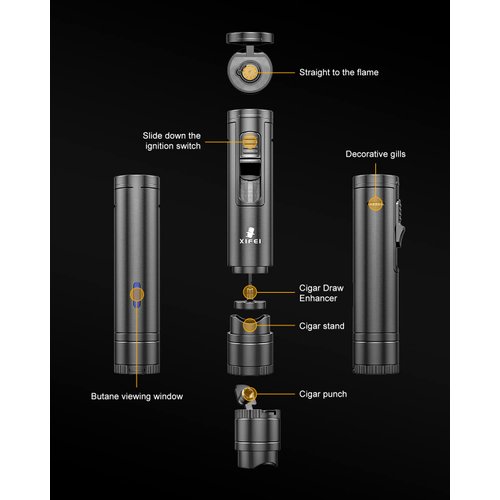 XIFEI Cigar Lighter, Cigar Puncher, Cigar Draw Enhancer, Cigar Stand, All-in-one Lighter (Gun ash)