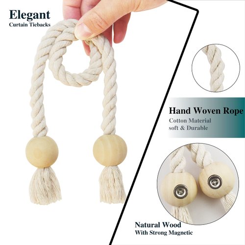 Nieffeiy 2 Pack Magnetic Curtain Tiebacks Cotton Hand Woven Tie Back Decorative Rope Holdbacks for Curtains Draperies No Tools Required, Beige