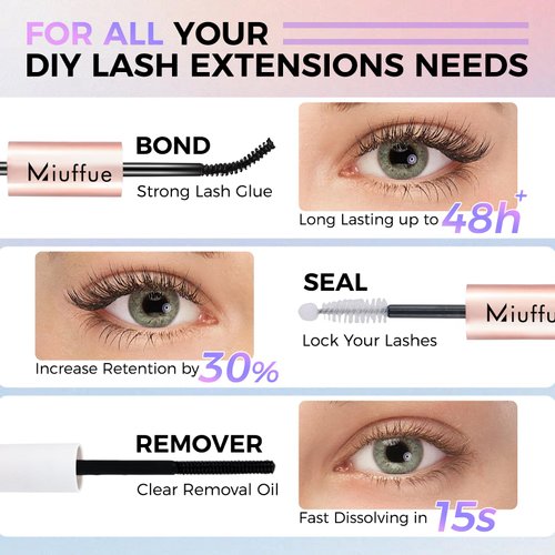 Miuffue 3 PCS Lash Kit Lash Bond and Seal with Lash Tweezers Cluster Remover Kit, DIY Eyelash Glue and Lash Applicator Tool Cluster Eyelash Glue Remover Fast Removal with No Residue