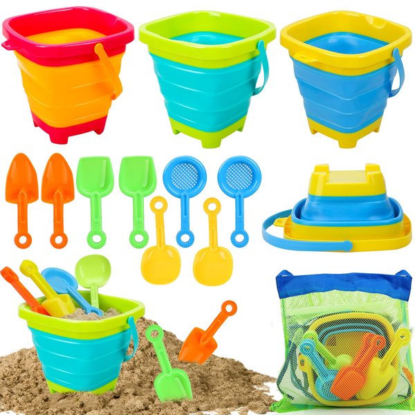 TOY Life Beach Toys for Toddler 1-3 Sand Toys for Kids Beach Toys for Kids Ages 4-8 with 4 Callapsible Buckets Sandbox Toys Beach Toys for Kids Ages 8-12 with Shovels Collapsible Beach Toys 2.5L