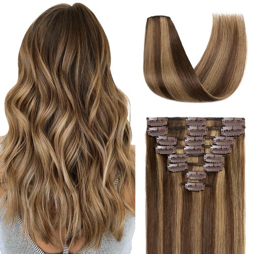 TESSHAIR Clip in Hair Extensions Real Human Hair 12 Inch Human Hair Clip in Extensions Medium Bro...