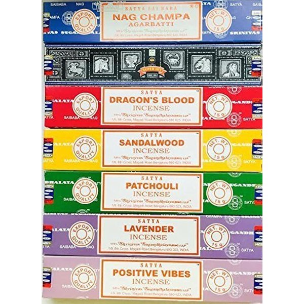 Satya Incense Gift Set Nag Champa, Super hit, Dragon's Blood, Sandalwood, Patchouli, Lavender, Positive Vibes, 15 g