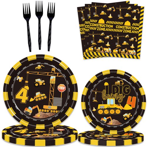 80 Pcs Construction 4th Birthday Party Supplies Dump Truck Theme Four Decorations Tableware Includes Plates, Napkins, Forks for Boys Construction Four Years Old Birthday Party Decorations Favors