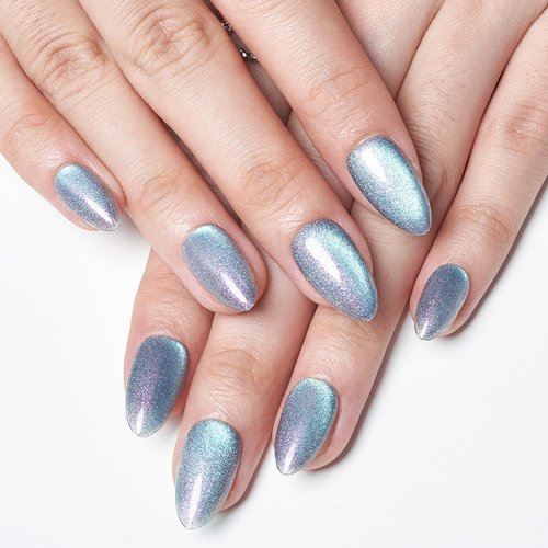GLAMERMAID Mermaid Blue Press on Nails Short Almond, Handmade Magnet Cat Eye Jelly Gel Fake Nail, Ombre Glitter Magnetic Glue on Nail Stiletto, Calaite Normal Medium Oval Stick on False Nail for Women