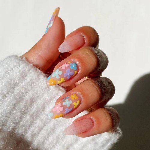 IMSOHOT Medium Almond Press on Nails Stiletto Flower Fake Nails Glossy Yellow False Nails Gradient Cute Full Cover Glue on Nails for Women