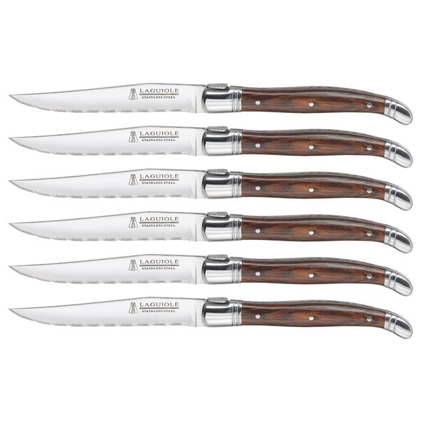 Trudeau Set of 6-Brown & Gray Laguiole Steak Knives with Pakkawood Handles, Stainless/Wood