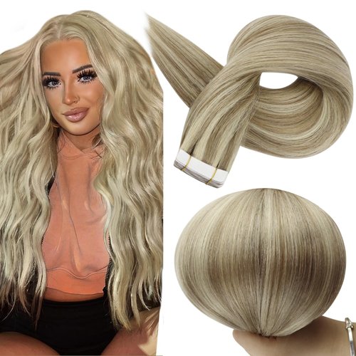 Full Shine Tape in Extensions Human Hair 18 Inch Blonde Hair Extensions Tape in Real Human Hair Color 16 Highlighted 22 Invisible Skin Weft Tape Hair Extensions 50g 20 Pcs Seamless Hair Extensions
