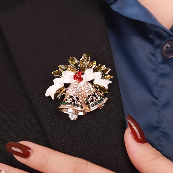 Rumtock Enamel Christmas Bell Brooch with Crystal Gold Brooches Pin for Women Men Unisex Party Jewelry Corsage for Cloth