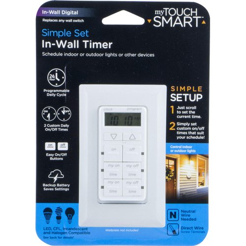 myTouchSmart In-Wall Digital Timer, 4 Programmable On/Off Buttons, 2 Easy On/Off Buttons, 24 Hour Daily Cycles, Blue LED Indicators, with Battery Backup, for Indoor/Outdoor Lights, Fans, 26893
