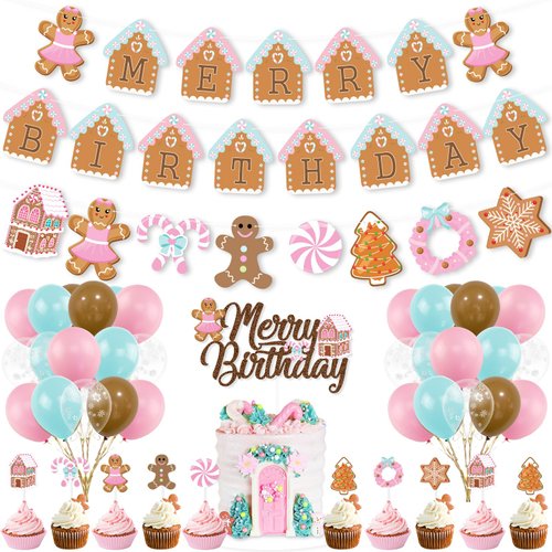 K KUMEED Christmas Birthday Decorations,Pink Gingerbread Man Merry Birthday Theme Banner Candy House Cake Topper Latex Balloons for Boys Girls Birthday Party Supplies Baby Shower