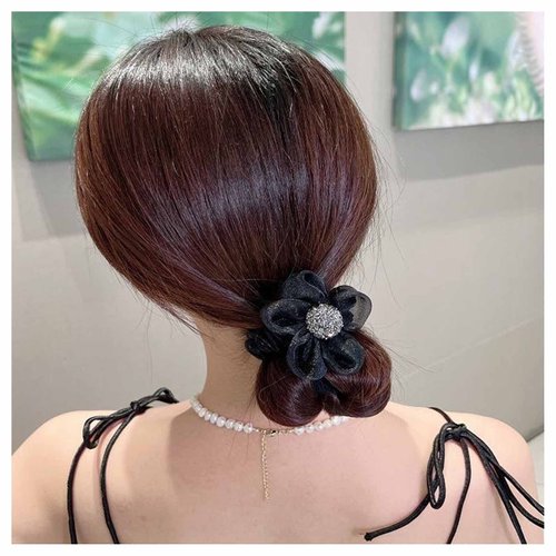 Allereyae Vintage Silk Flower Hair Rope Barrette Ribbon Mesh Flower Hair Tie Rope Elastic Hair Scrunchies Chiffon Flower Headpieces Silk Ponytail Holder Hair Accessories for Women (Black)