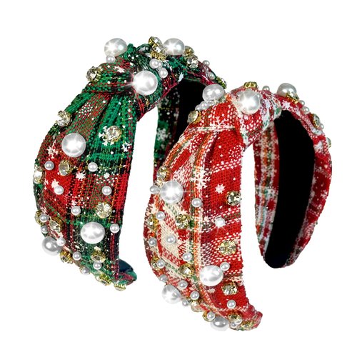 Christmas Headbands for Women Pearl Rhinestone Knot Headband Xmas Crystal Jeweled Hair Band Bow Wide Top Knotted Headband Christmas Hair Accessories Holiday Party Outfits(Snowflake Plaid)