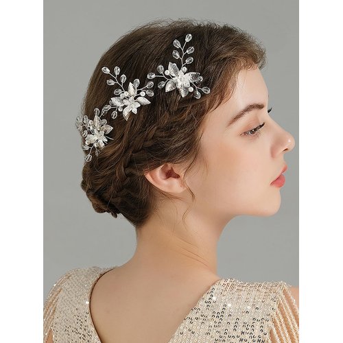 JWICOS Bride Wedding Hair Pins Flower Bridal Hair Pieces Silver Wedding Hair Accessories for Women and Girls Pack of 3