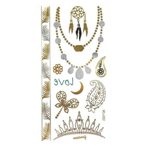 Allydrew Medium Metallic Gold Silver and Black Body Art Temporary Tattoos, Paisley, Fern Leaves, Tiara