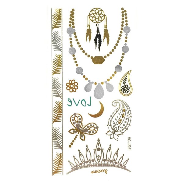 Allydrew Medium Metallic Gold Silver and Black Body Art Temporary Tattoos, Paisley, Fern Leaves, Tiara