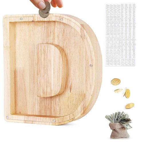 LIHMHSA Alphabet D Wooden Letter Piggy Bank | Coin Bank for Boys, Girls, and Toddlers | Birthday Gift for Kids | Children's Day Present | Family Financial Management Tool | Can Serve as Home Decor