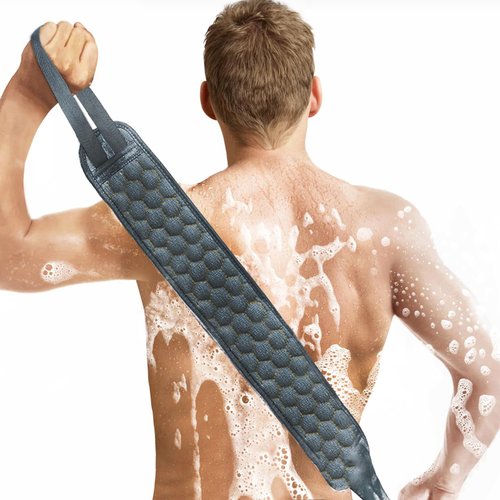 Inmorven Back Scrubber for Shower Exfoliating Body Scrubber 40 inch Double-Sided Back Exfoliator Scrub Towel, Bath Body Brush Widened Back Washer with Handle for Men and Women,Grey