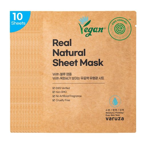 [varuza] K-Beauty Real Natural Sheet Mask with Blue Ampoule with Unbleached & Non-fluorescent sheet EWG Verified Non-GMO Cruelty Free No Artificial Fragrance Firming Even Skin Tone Made in Korea Seaweed (10 PACK, BLUE AMPOULE)