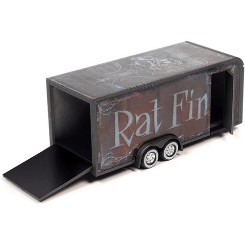 4-Wheel Enclosed Car Trailer Dark Gray with Graphics 1/64 Diecast Model by Auto World AWSP119