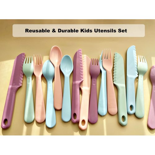 ChaLeeMoo 16Pcs Kids Plastic Utensils Kids Forks and Spoons Set, Multicolor Toddler Utensils, Reusable Kids Silverware Cutlery Set, Ideal for School Lunch Box, Camping, Travel, Party Favors BPA Free