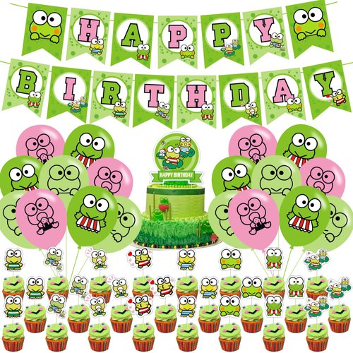 The Frog of Keroppi Birthday Party Decorations, Cartoon Big-Eyed Frog Theme Birthday Supplies set with Happy Birthday Banner,Cake Toppers,Balloons for Cartoon Party Supplies Decor