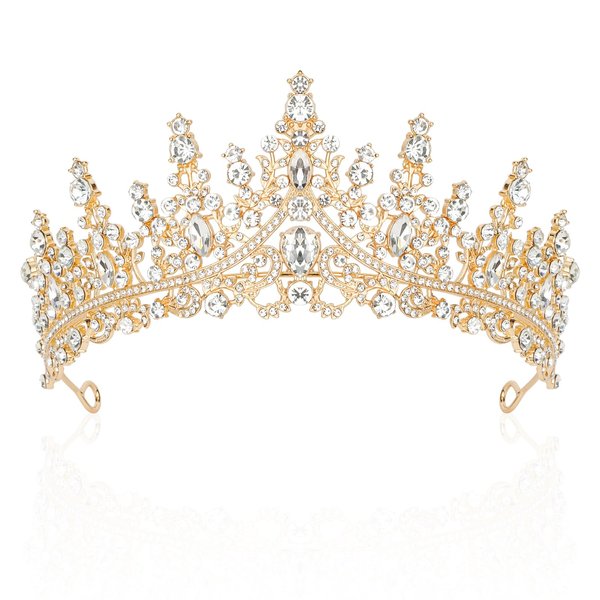 TIOSRU Gold Tiara for Women,Queen Crown Birthday Crown Adult Woman Crowns for Women Bride Rhinestone Hair Accessory Birthday Crown for Girls Wedding Headpiece for Bride Prom Accessories for Women