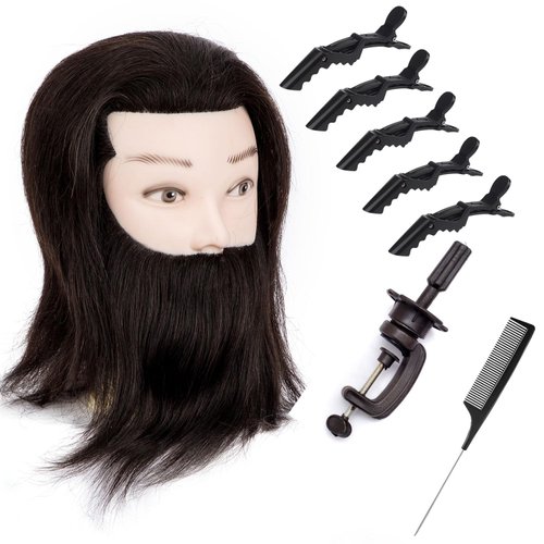 Male Mannequin Head with Beard Training Head 100% Real Human Hair for Hairdressers Manikin Head for Hair Styling and Practice Hair Stylists Cosmetologist Barber Shop Cosmetology School Black