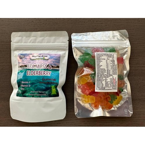 HEALING DROPS Irish Sea Moss Gummies – Raw Organic Wildcrafted Sun-Dried Seamoss Powder Gel - with Bladderwrack Burdock Root – Alkaline Keto Vegan Non-GMO Diet – Thyroid Skin Detox (Elderberry)
