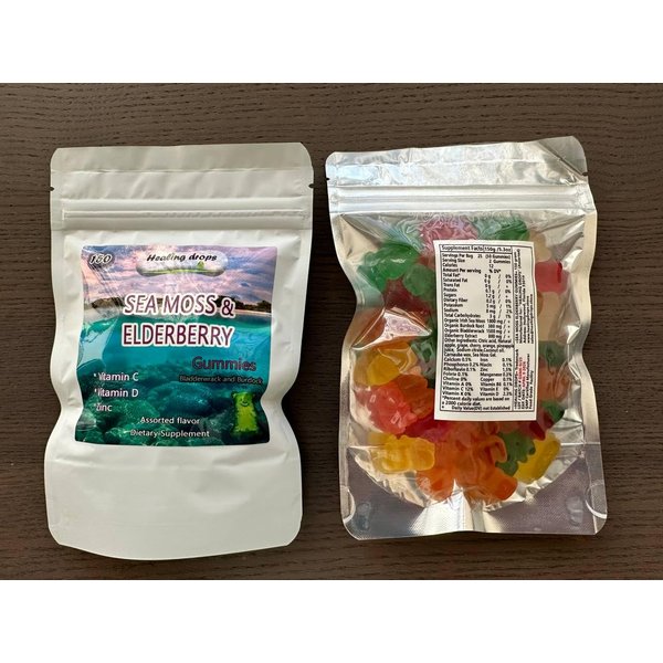 HEALING DROPS Irish Sea Moss Gummies – Raw Organic Wildcrafted Sun-Dried Seamoss Powder Gel - with Bladderwrack Burdock Root – Alkaline Keto Vegan Non-GMO Diet – Thyroid Skin Detox (Elderberry)
