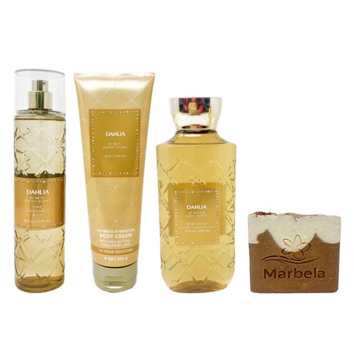 Bath & Body Works Dahlia - Trio Gift Set - Fine Fragrance Mist, Body Cream and Body Wash With a Yamma Jamma Bar Soap., golden