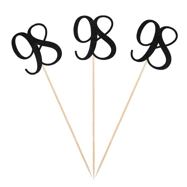 Black Glitter 98th Birthday Centerpiece Sticks, 12-Pack Number 98 Table Topper Anniversary Party Decorations